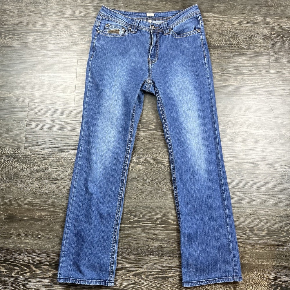 Reba Womens Blue‎ Embellished Straight Leg Jeans Cow Print Studded Sz 8
